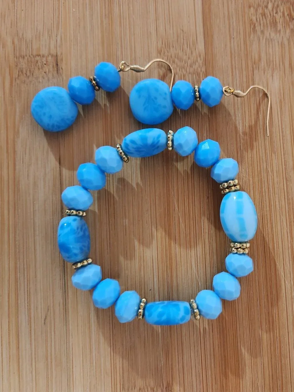 Hand crafted Blue Beaded Bracelet and Earrings Set